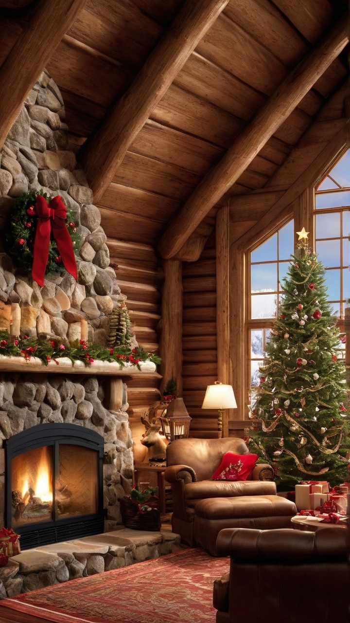 Cozy Christmas Decor in a Log Cabin Living Room