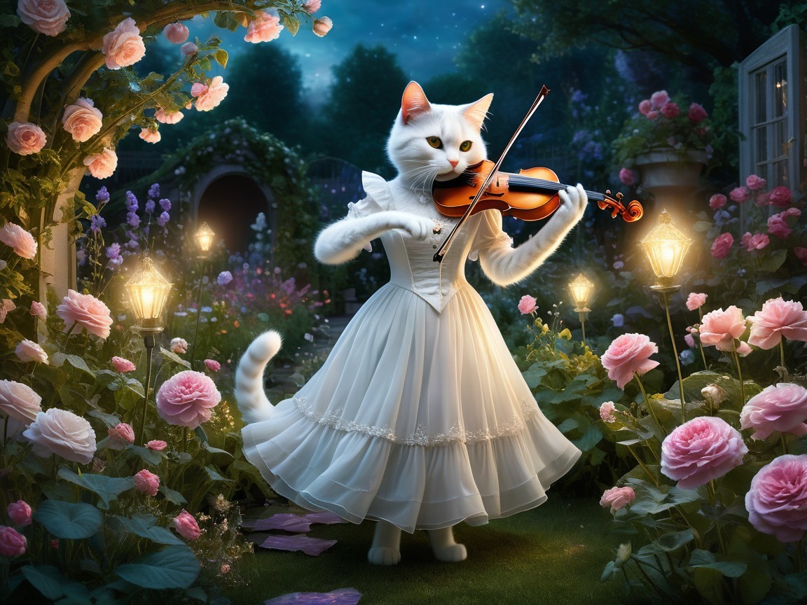 White Cat in Victorian Gown Playing Violin in Garden