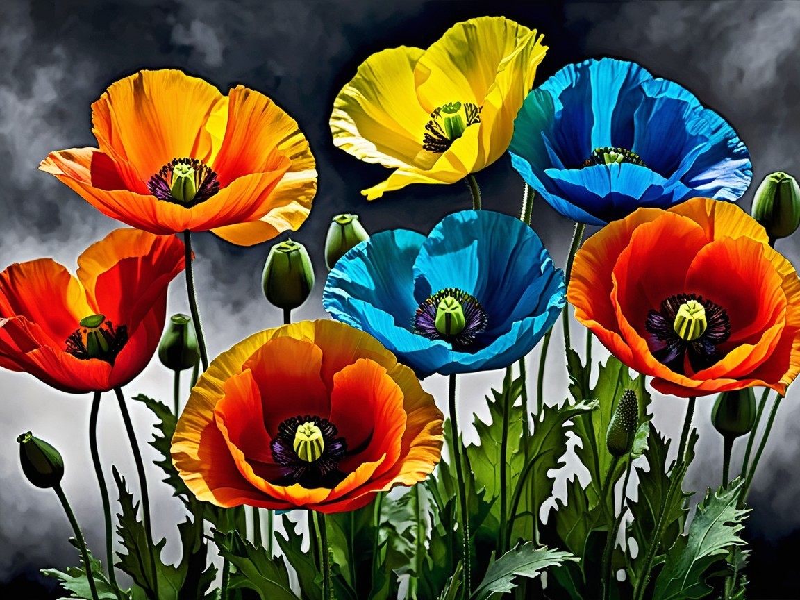 Vibrant Poppies in Various Colors Against Cloudy Background