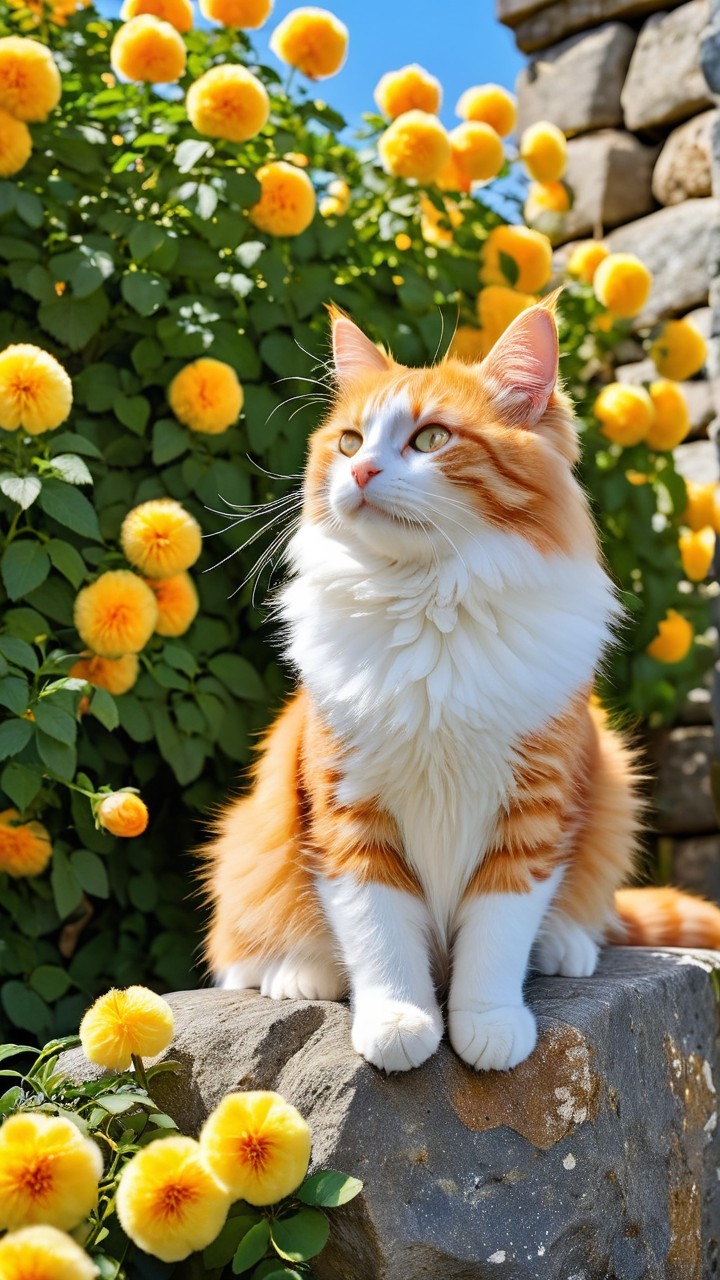 Fluffy Orange and White Cat Among Yellow Flowers