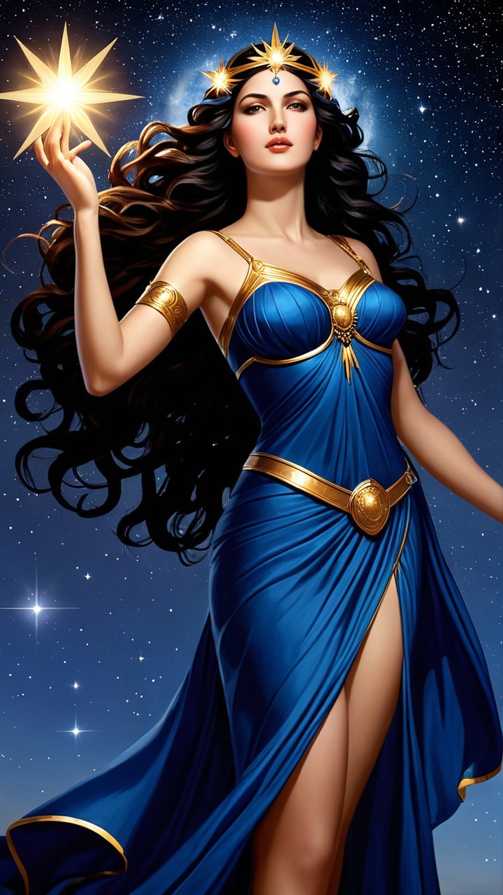 Regal figure in blue gown against starry night sky