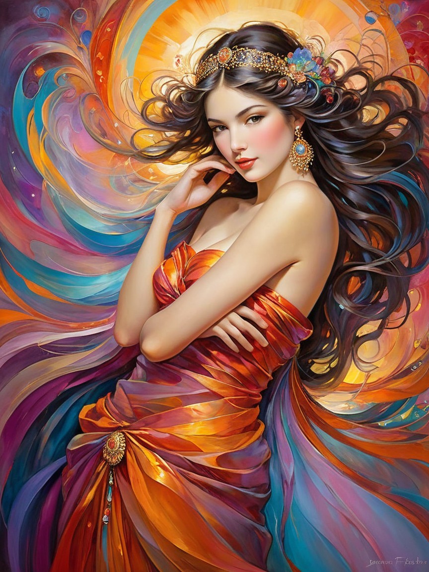 Stunning Woman in Vibrant Dress with Colorful Crown