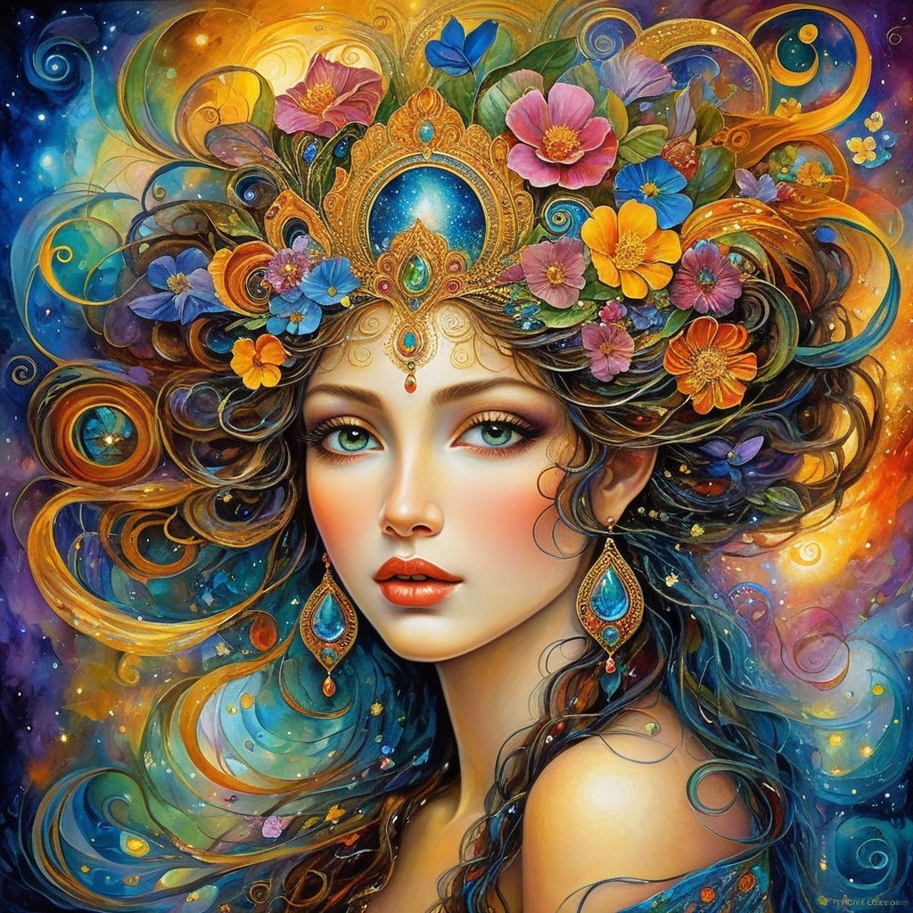 Mystical Woman with Flowing Hair and Cosmic Colors