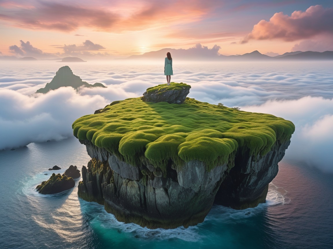 Lush Island Above Clouds with Pastel Sky and Mountains
