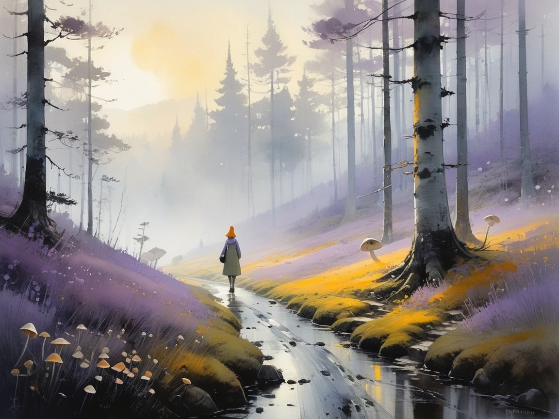 Misty Forest Path with Wildflowers and Stream