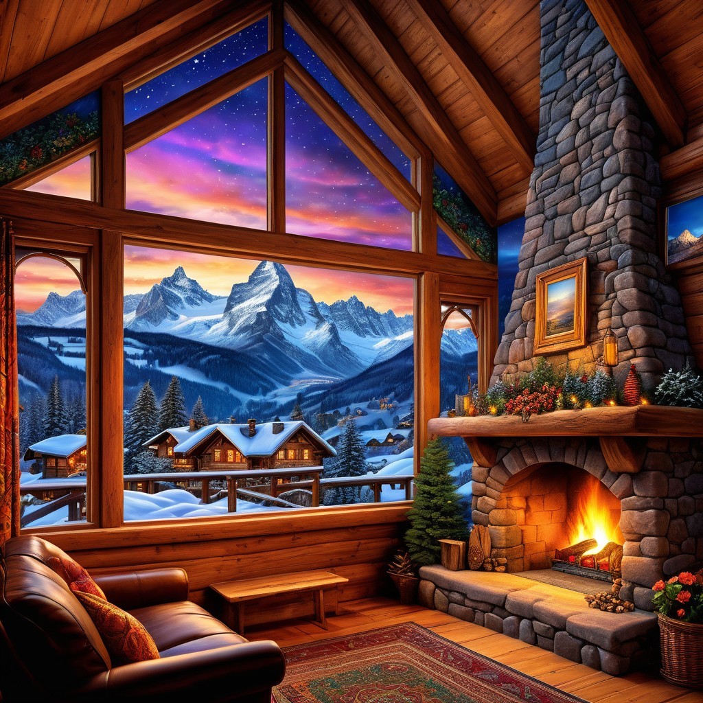 Cozy Wooden Cabin with Stone Fireplace and Winter View