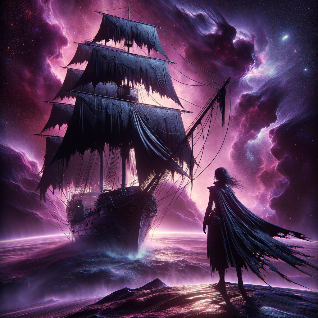 Mysterious Figure on Rocky Shore with Ancient Ship