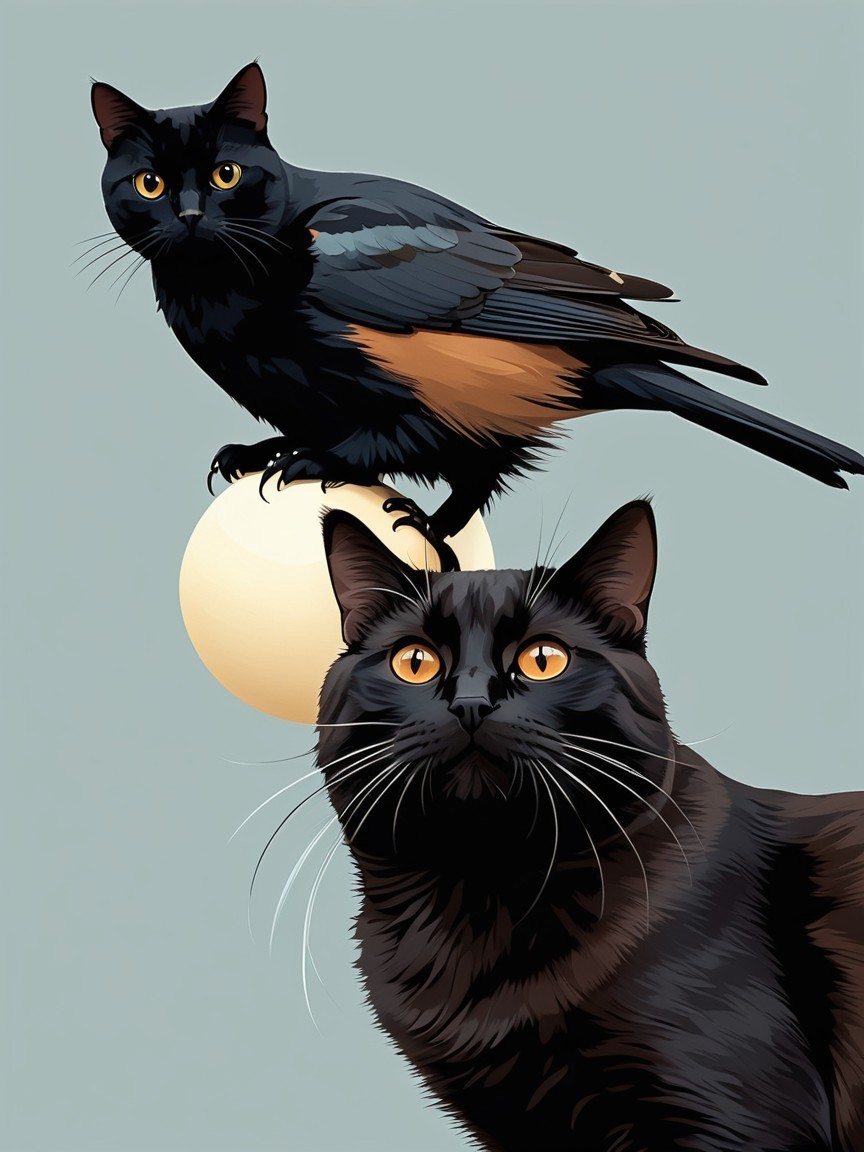Illustration of a black cat and bird on a pale sphere