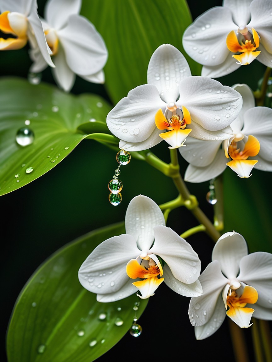 White Orchids with Water Droplets Among Green Leaves