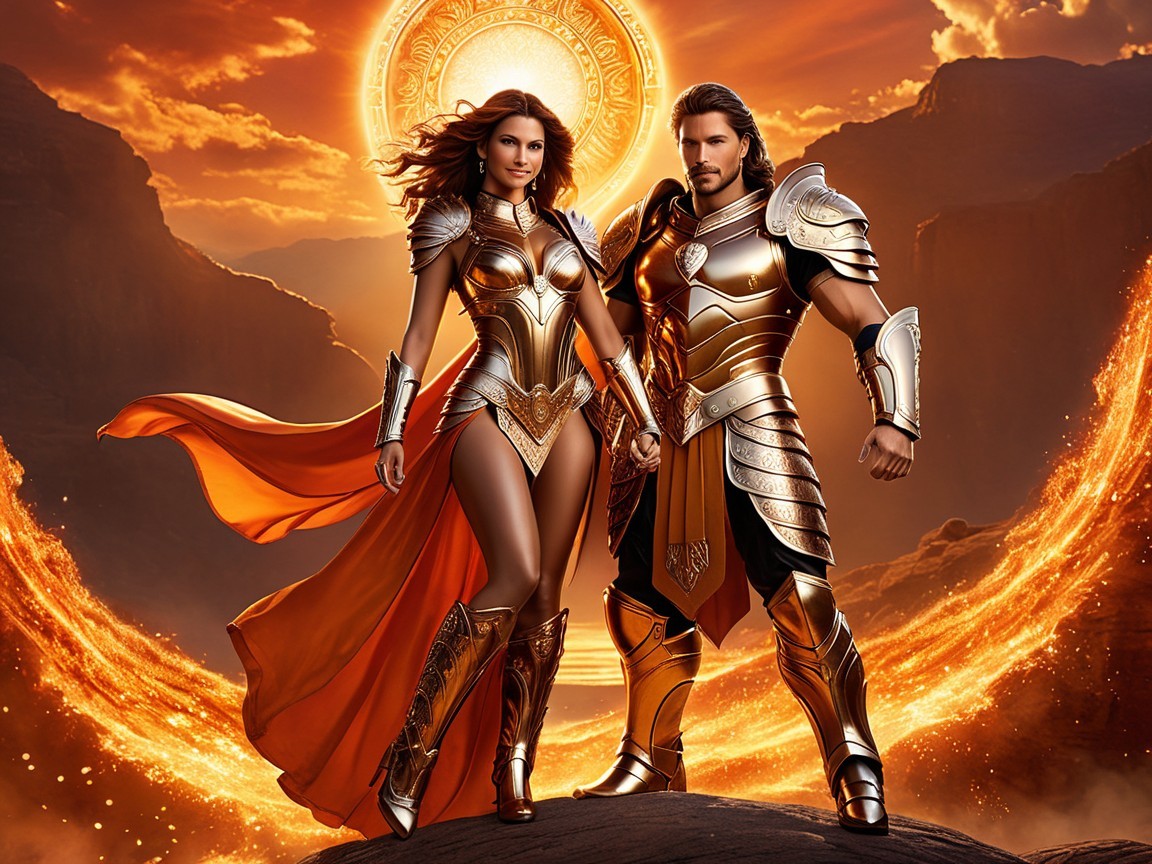 Heroic Duo in Armor Against a Sunset Backdrop