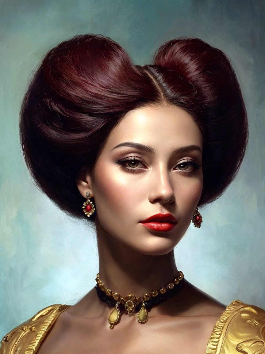Elegant Woman with Sculpted Buns and Luxurious Attire