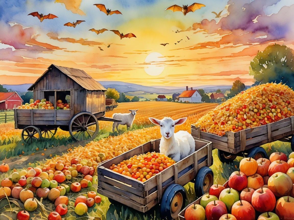 Autumn Landscape with Apple Fields and Sunset Glow