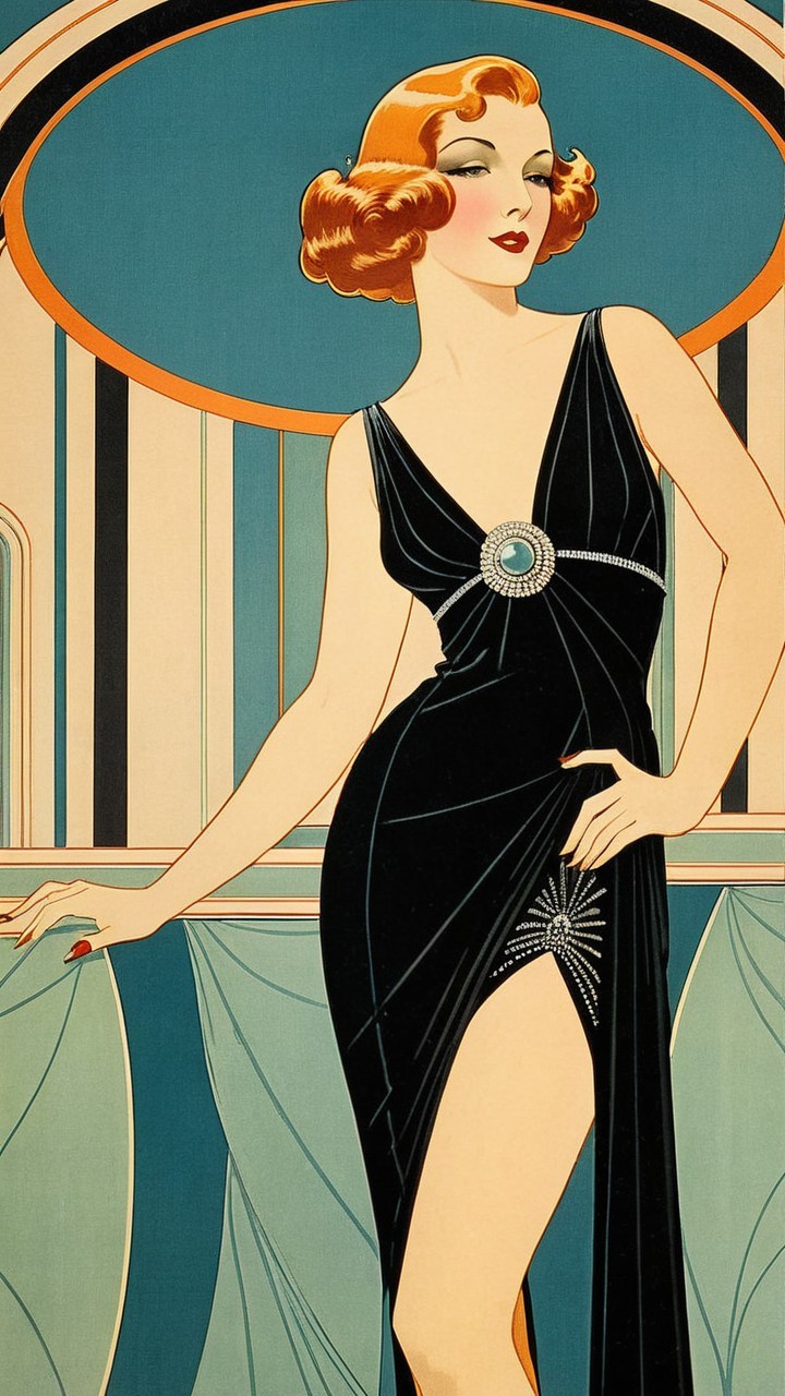 Glamorous Woman in Vintage Black Dress with Art Deco Background