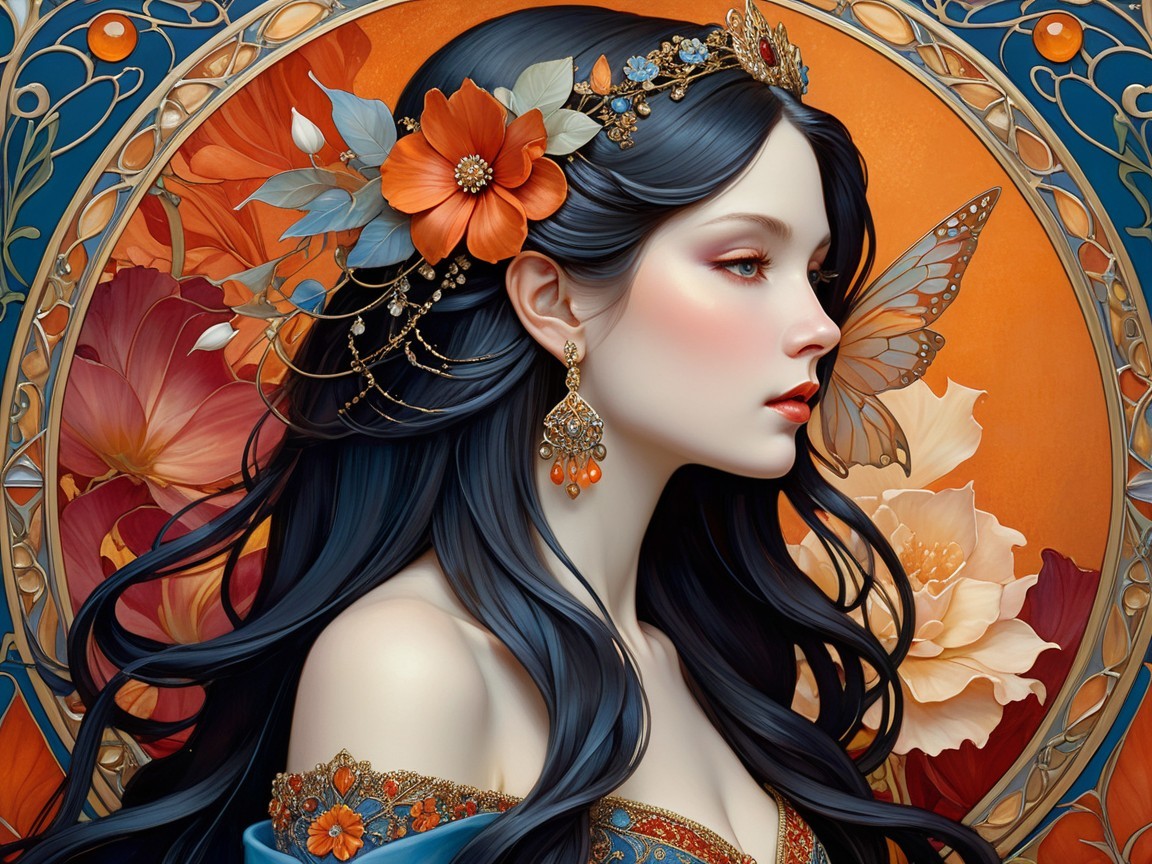 Young woman with dark hair and floral adornments