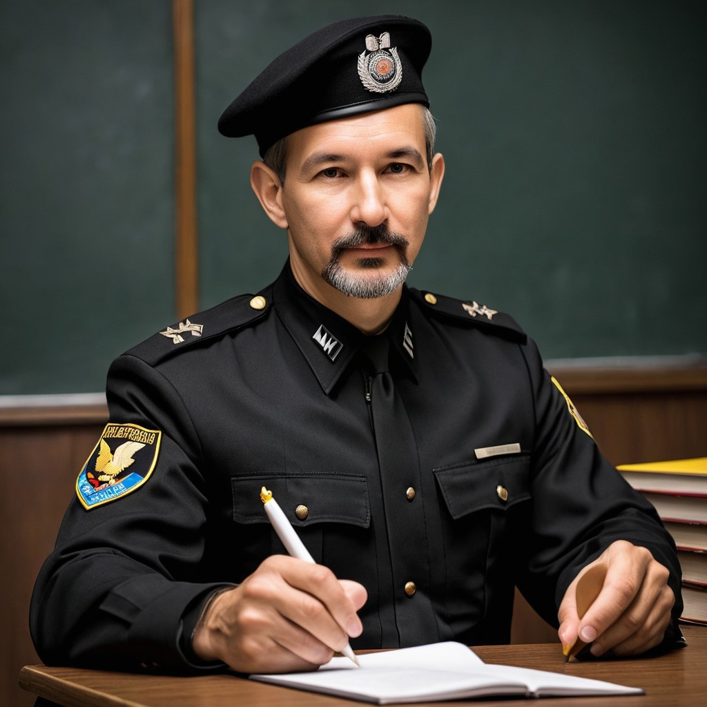 Professional in Military Uniform at Desk with Chalkboard