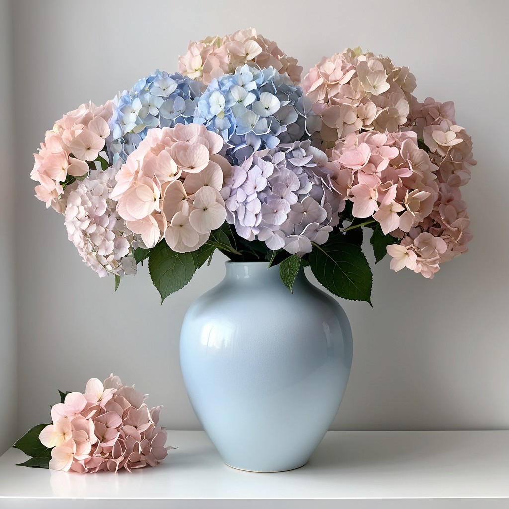 Pastel Hydrangeas in Light Blue Vase Arrangement