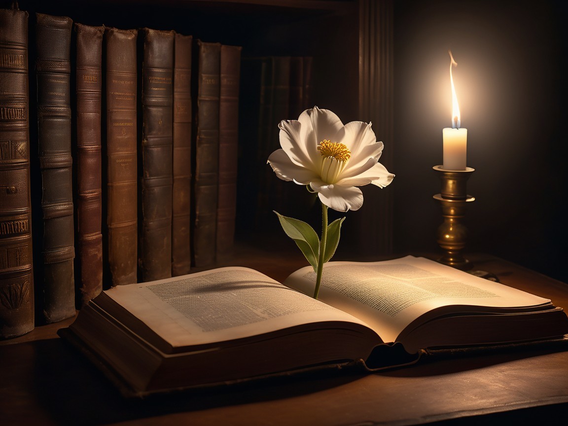 Open Book with Candlelight and White Flower on Wood
