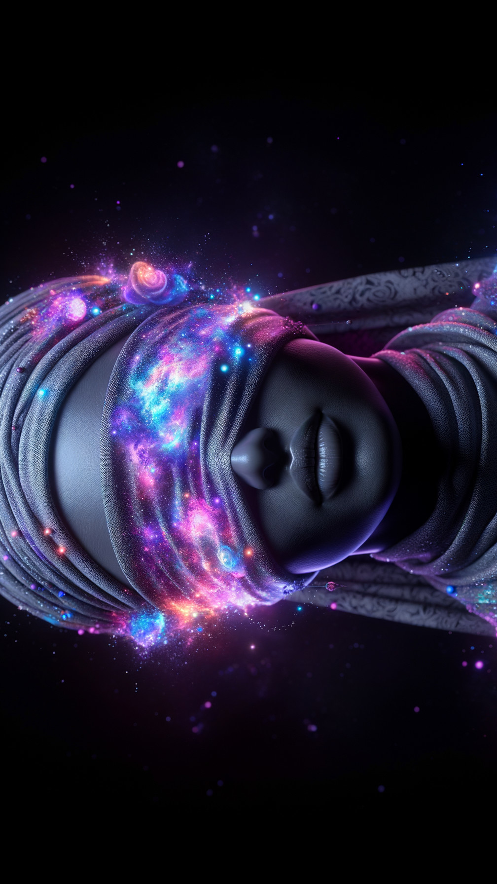 Cosmic Figure with Galaxies and Stars Surrounding Head