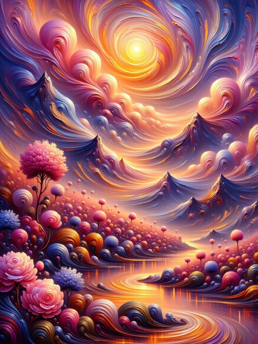 Vibrant Landscape with Sun, River, and Mountains