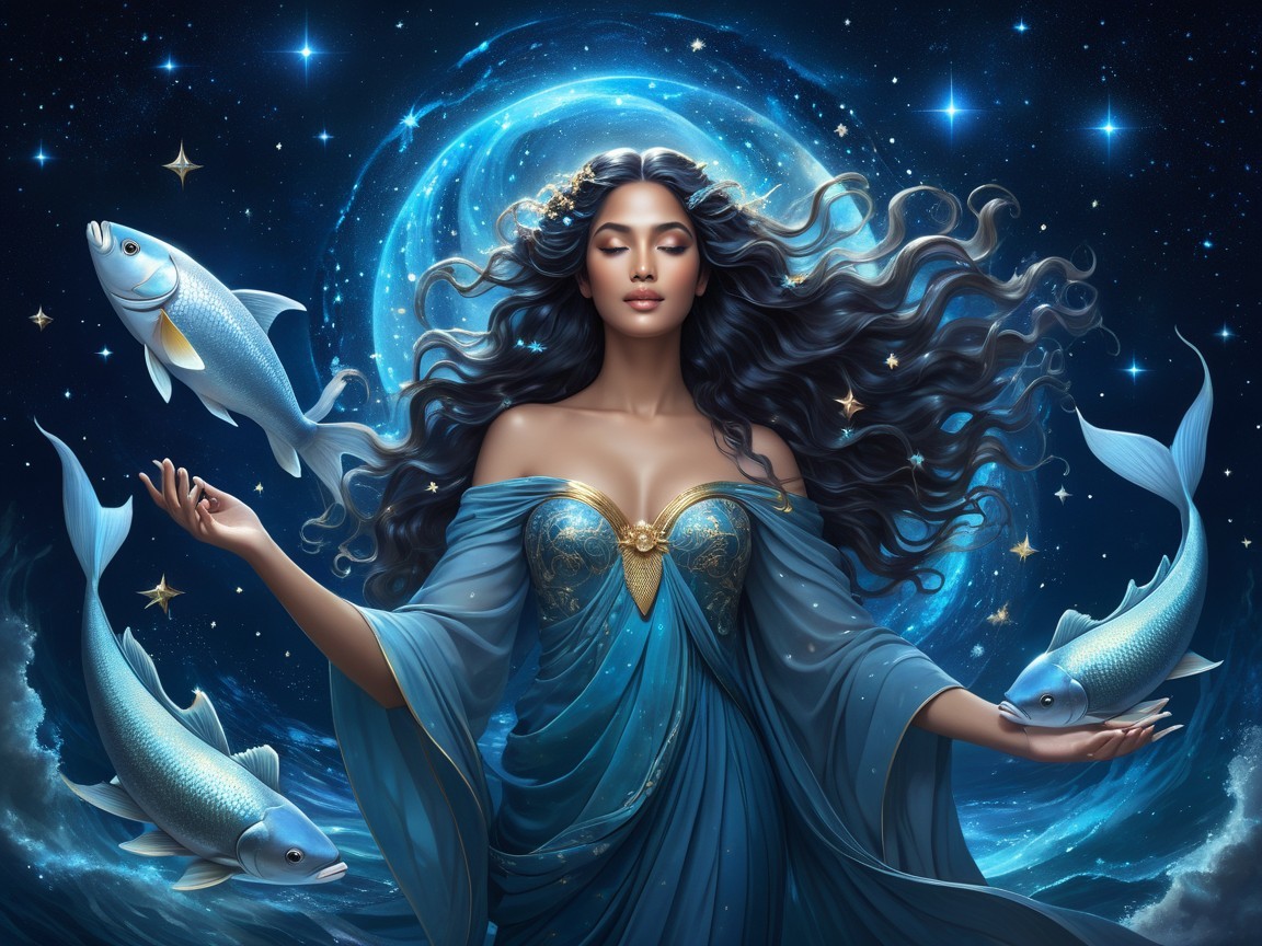 Serene figure in blue with cosmic backdrop and fish