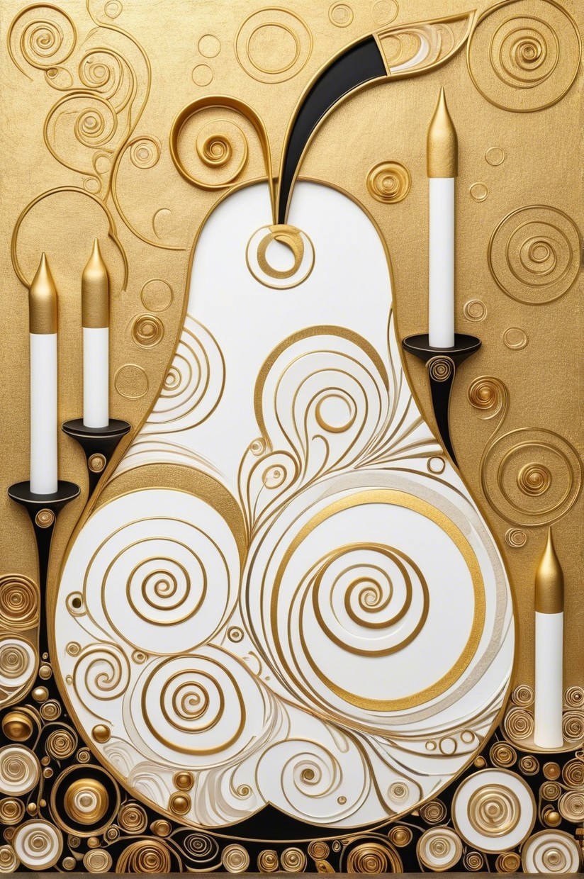 Stylized Pear Design with Gold Background and Candles