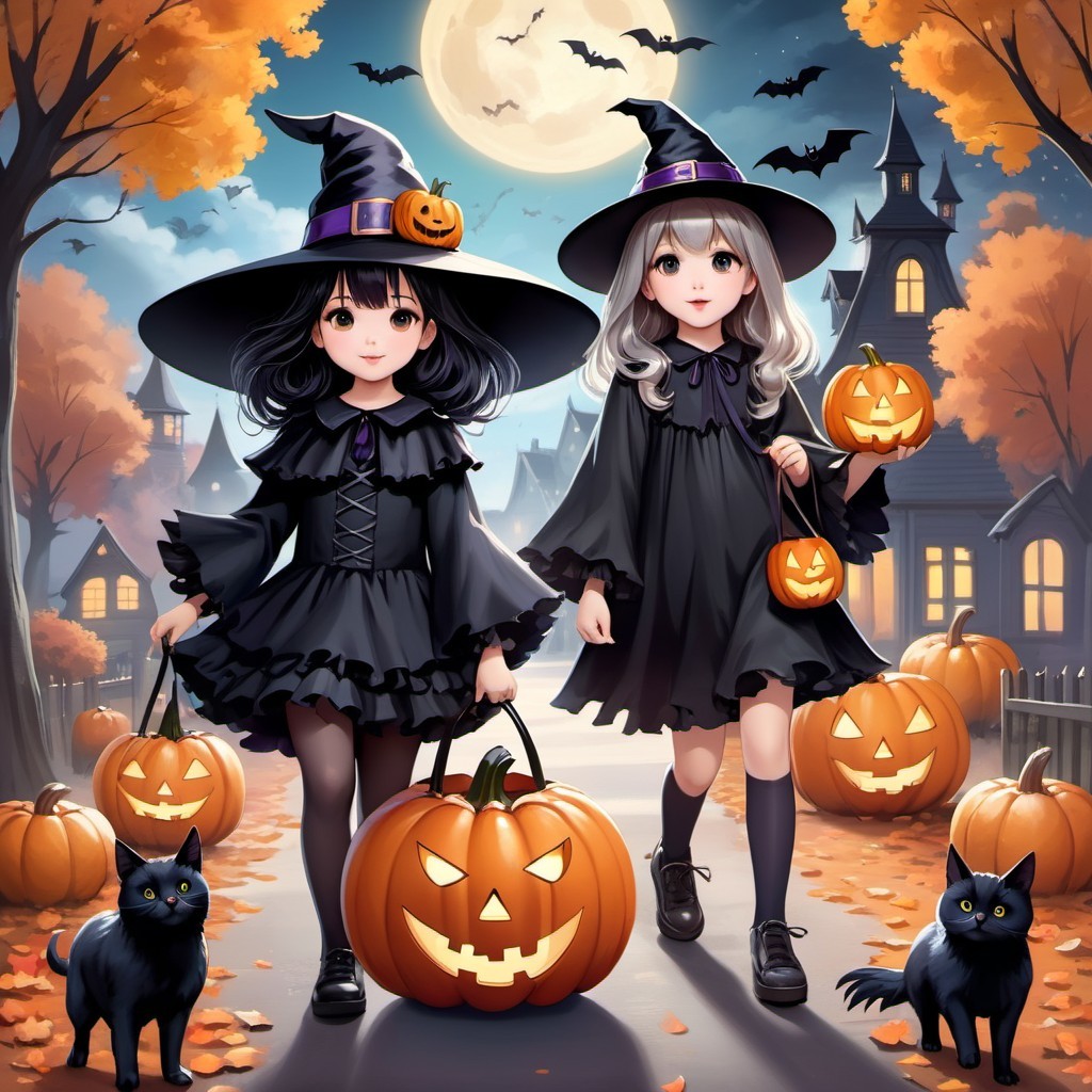 Young Witches in Black Dresses on Halloween Path