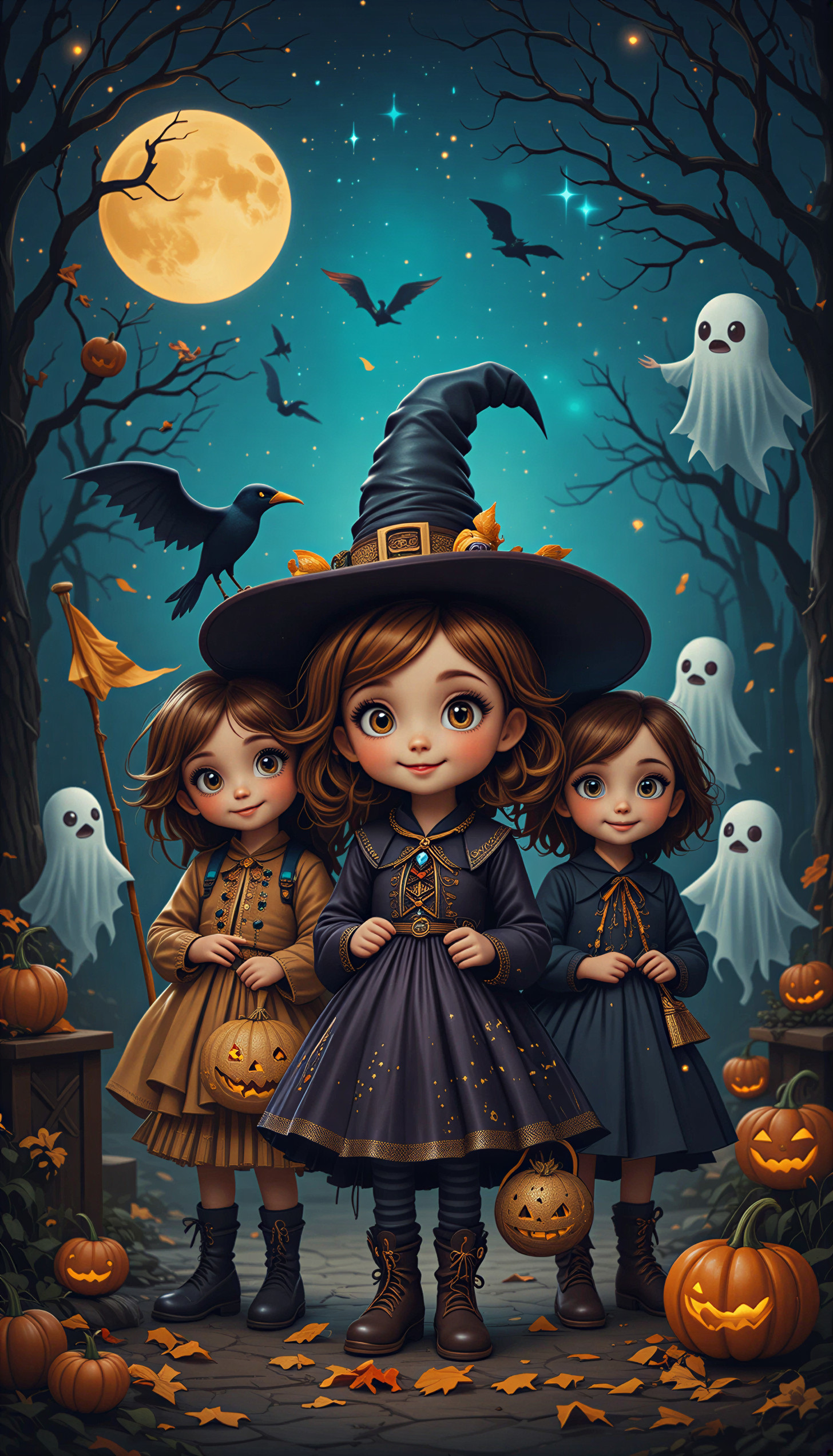 Cheerful Witches in a Whimsical Moonlit Scene