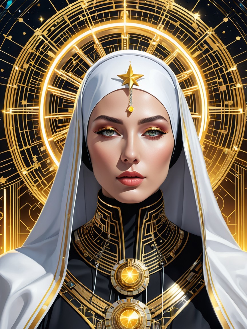 Elaborate Dark Attire with Golden Accents and Hijab