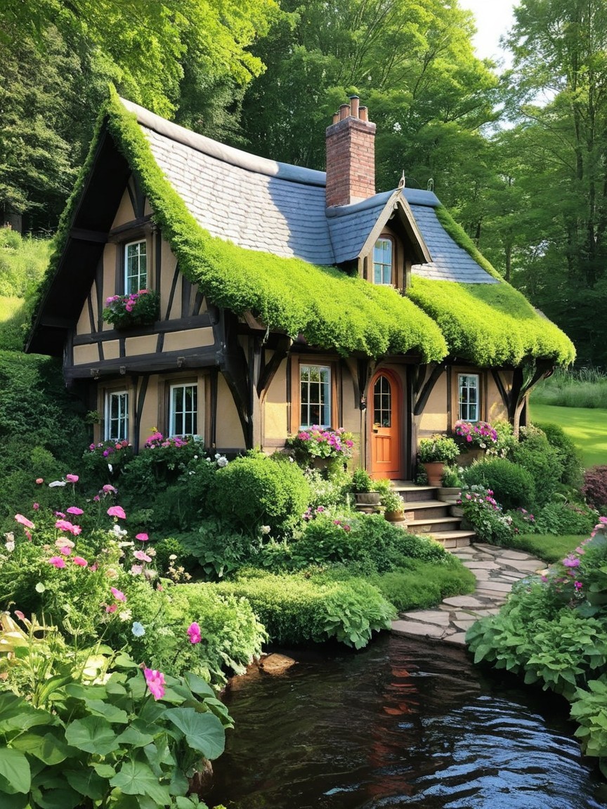 Charming Cottage Surrounded by Lush Greenery and Flowers