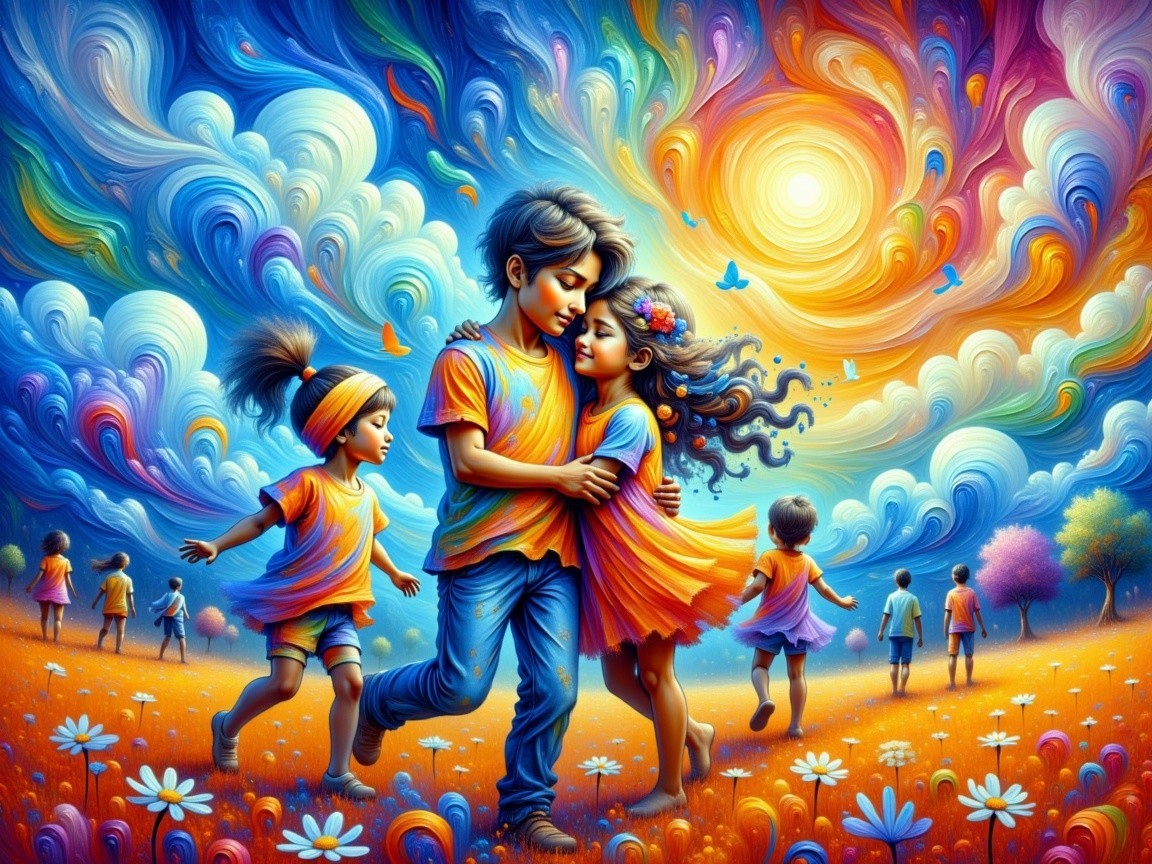 Children Embracing in a Colorful Sunset Landscape