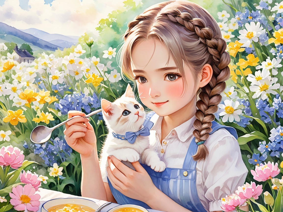 Young girl with kitten in colorful flower field