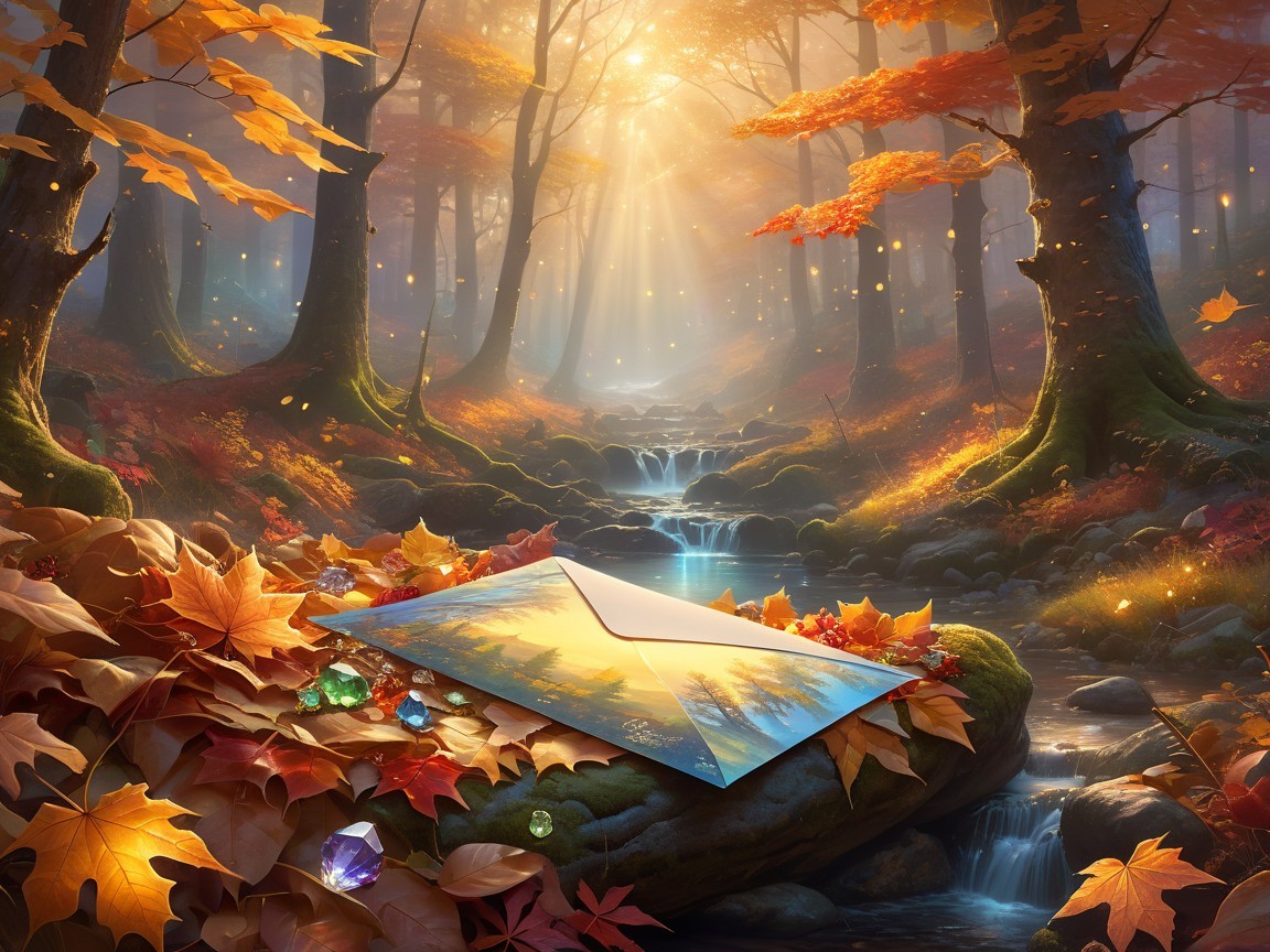 Autumn Forest Scene with Leaves and Scenic Envelope