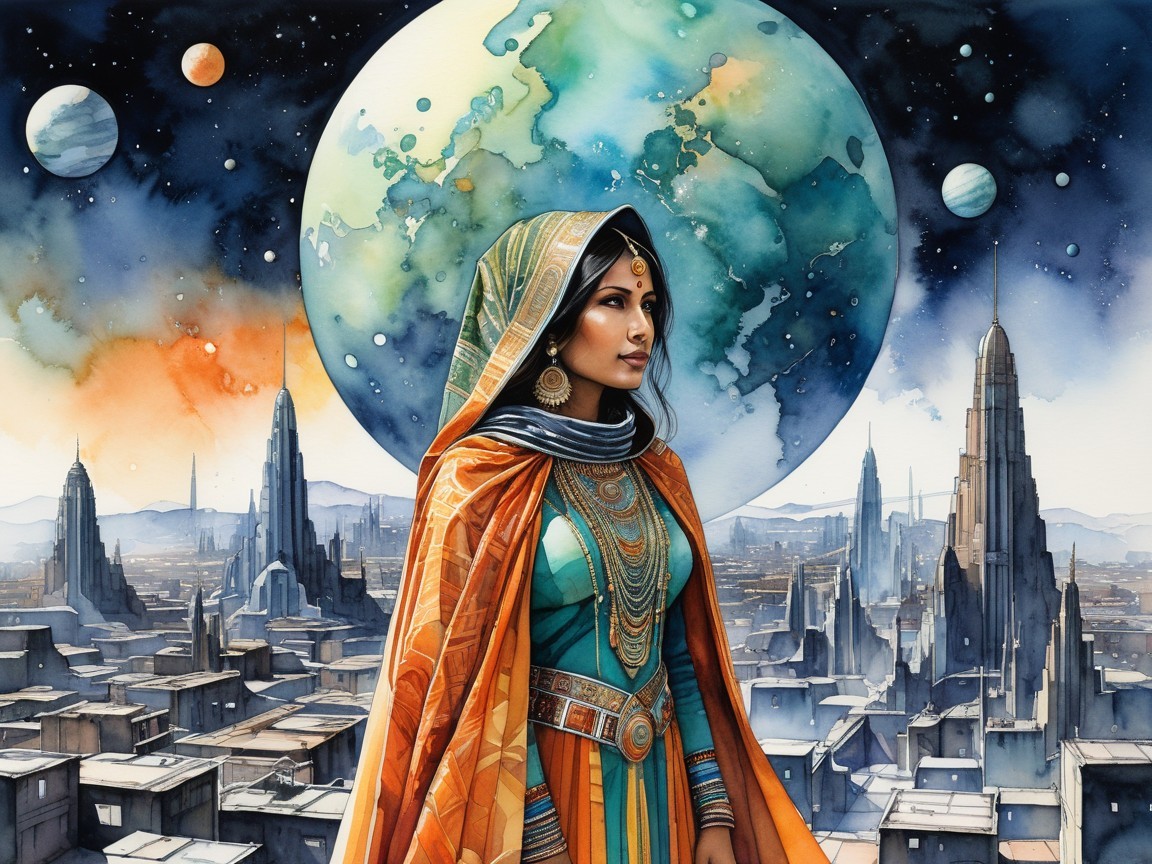 Woman in Traditional Attire with Cosmic Background