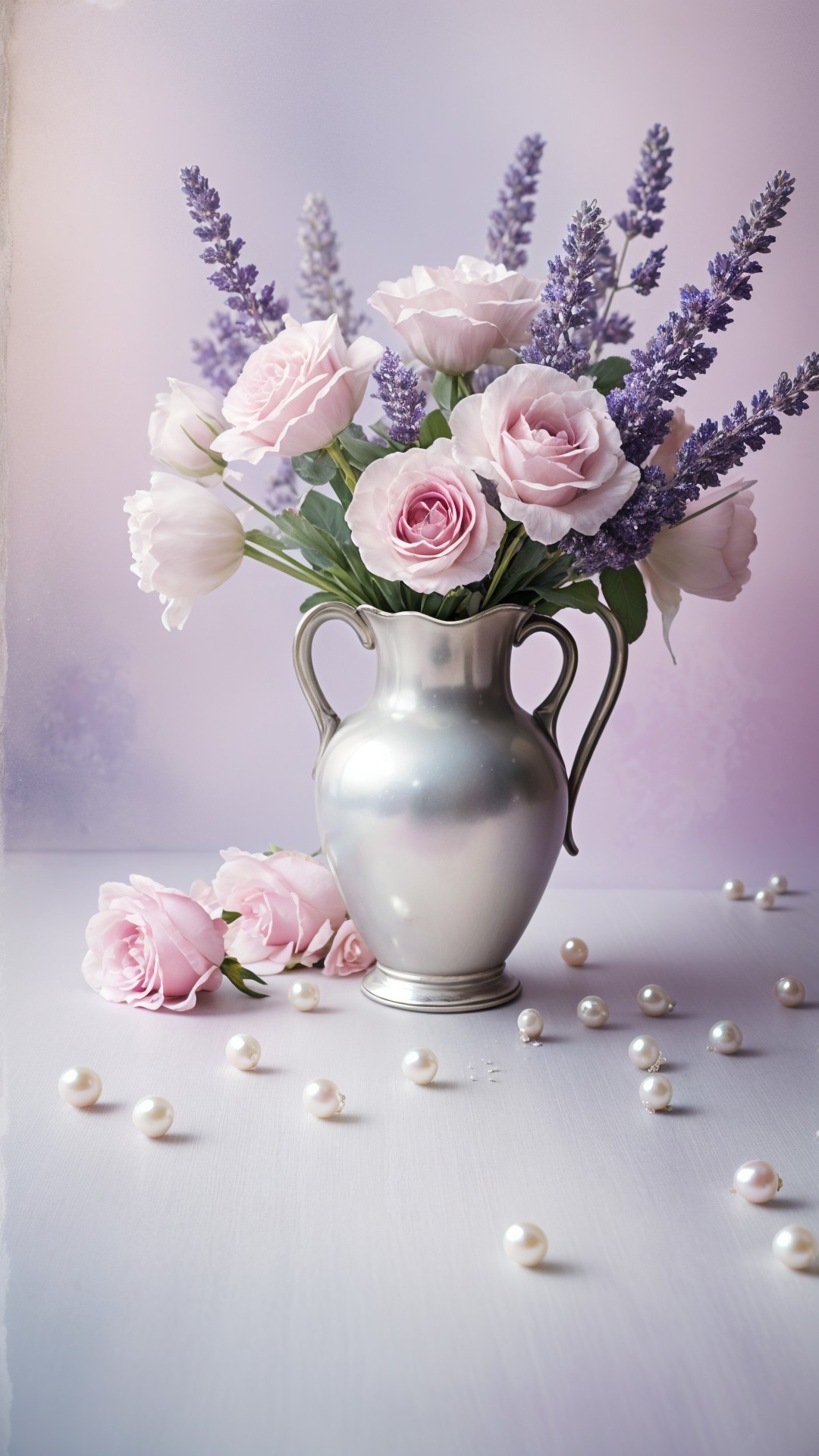Delicate Bouquet of Pink Roses and Lavender in Vase