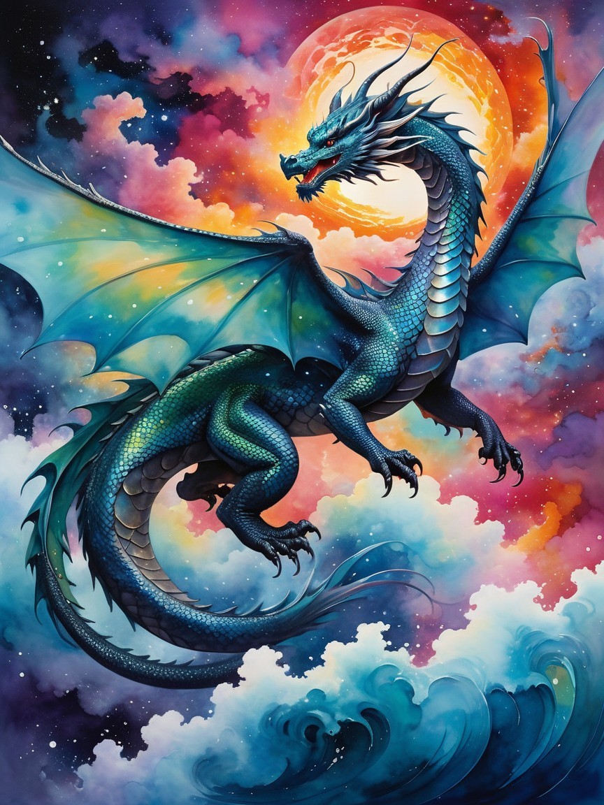Majestic dragon in vibrant cosmic sky scene