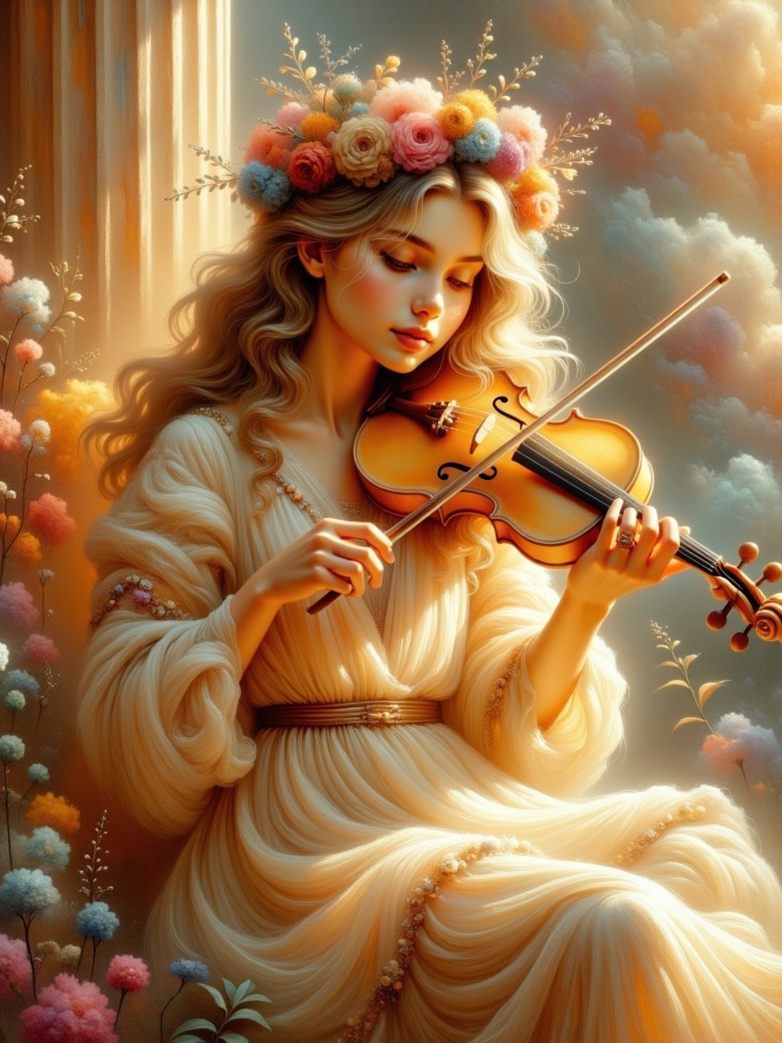 Young Woman in Gown Playing Violin in Dreamy Landscape