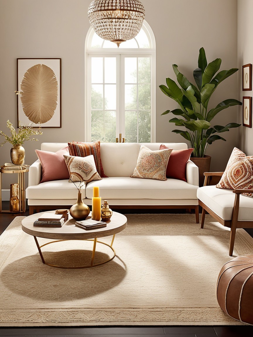 Stylish living room with white sofa and vibrant decor
