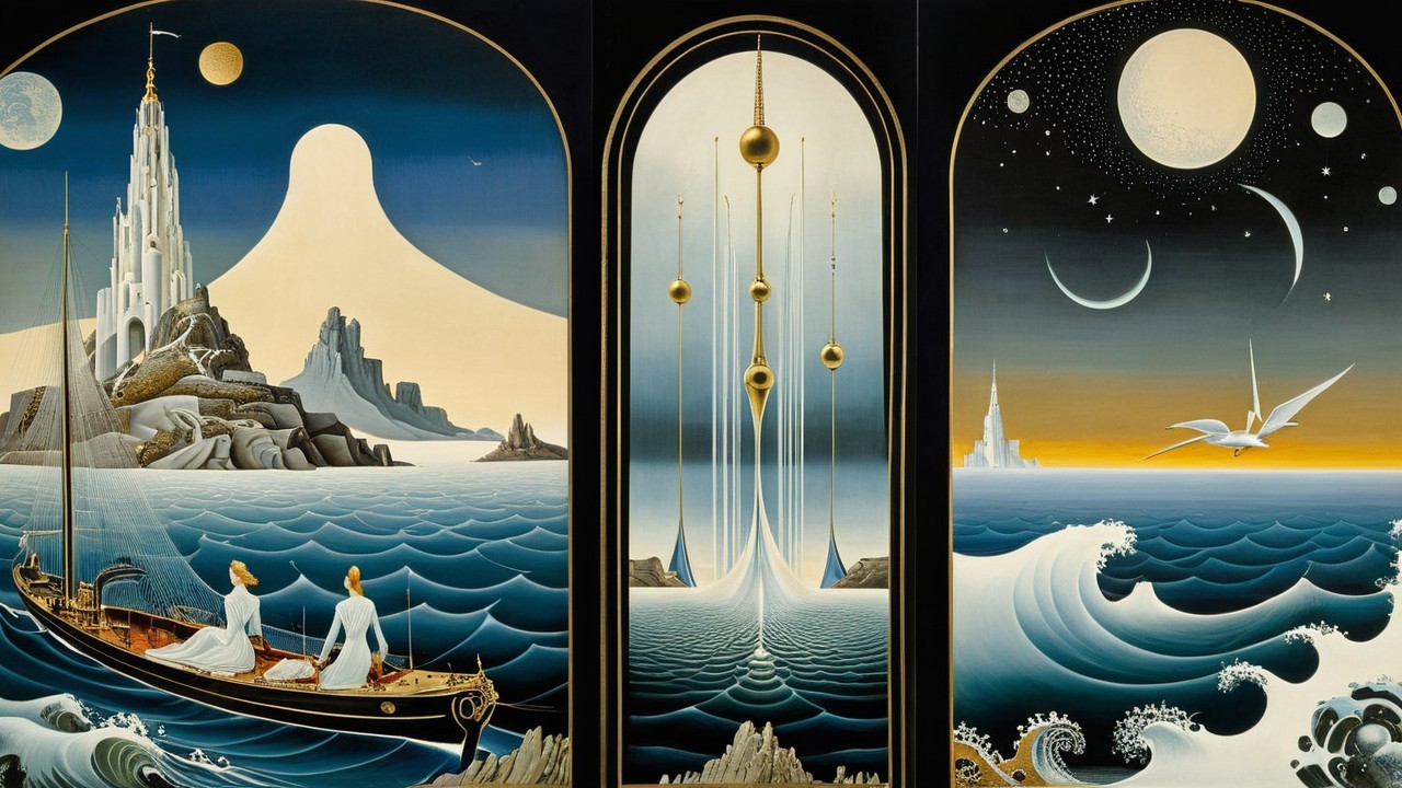 Surreal Landscape with Three Panels and Ethereal Themes