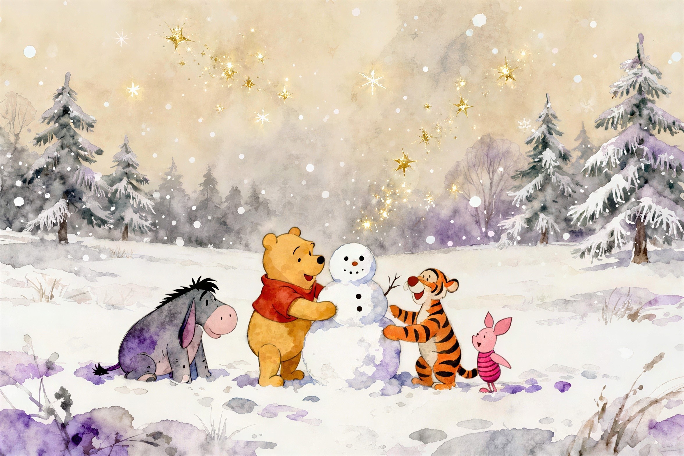 Watercolor Illustration of Pooh and Friends Building Snowman