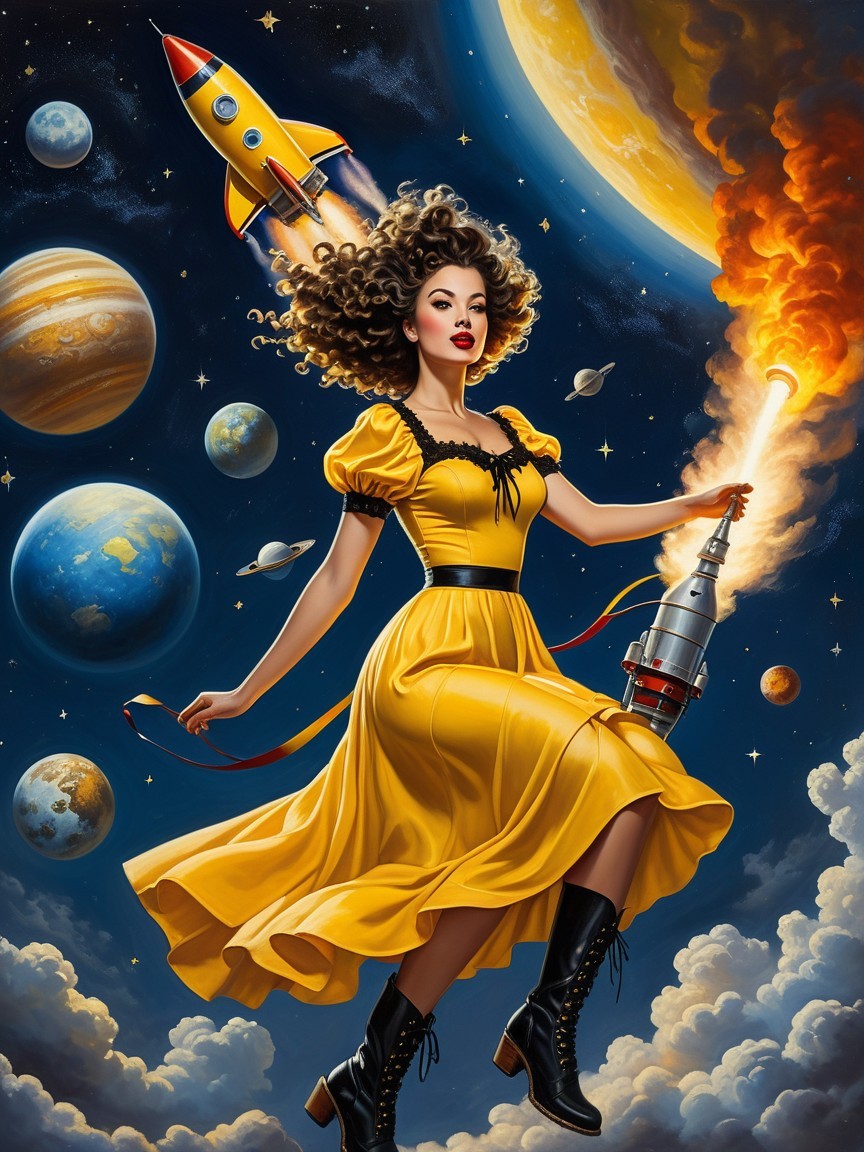 Retro-Inspired Space Scene with Woman in Yellow Dress