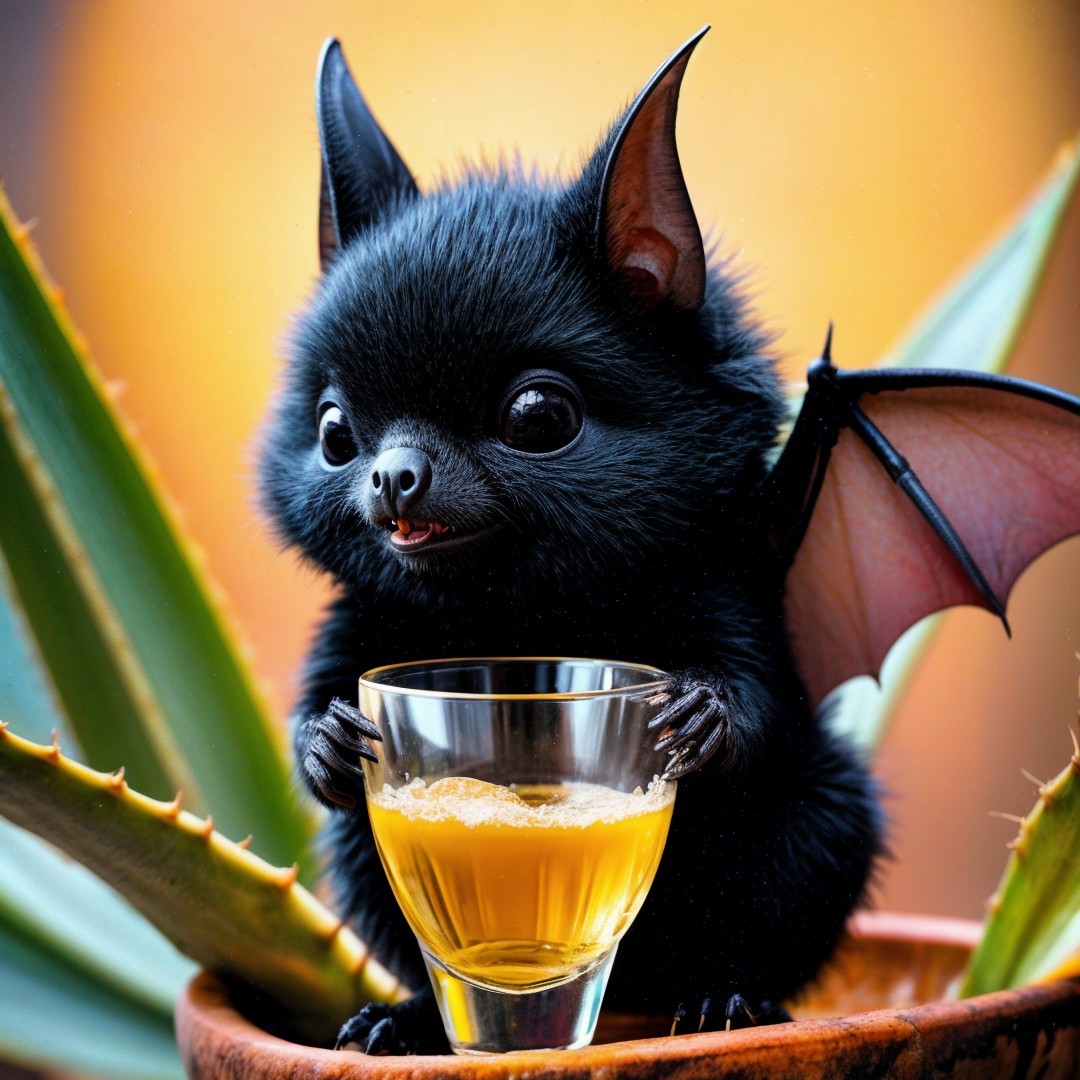 Fluffy bat perched on aloe plant with golden drink