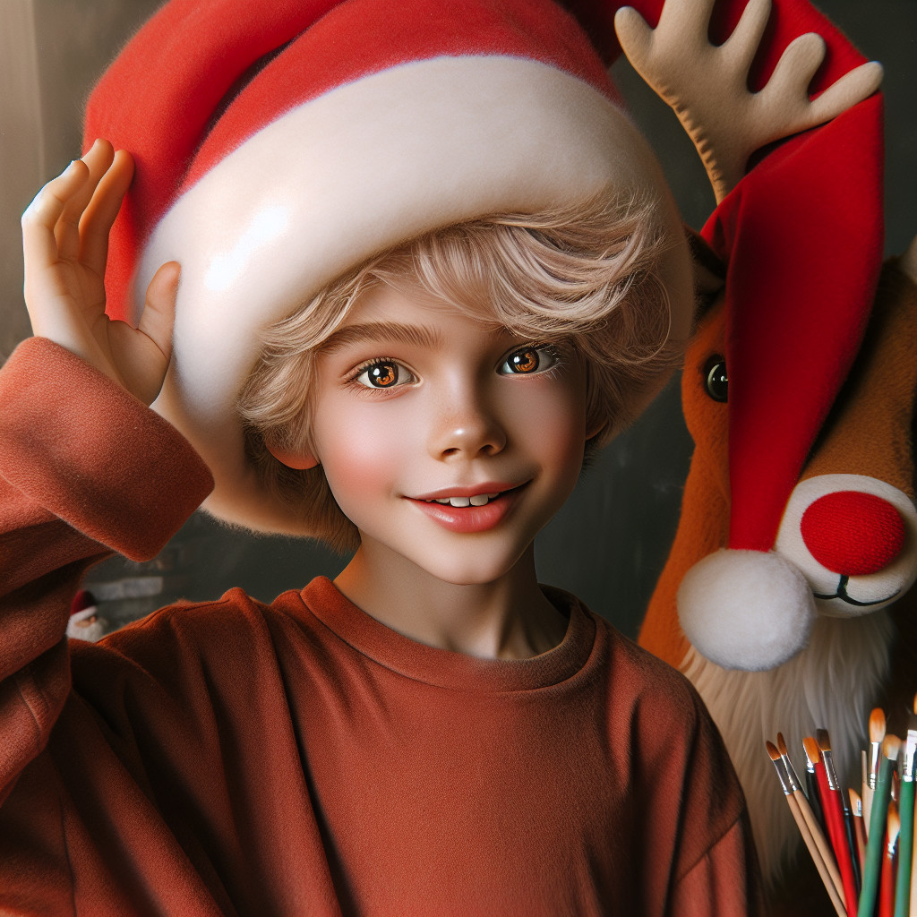 Cheerful Boy in Santa Hat with Plush Reindeer