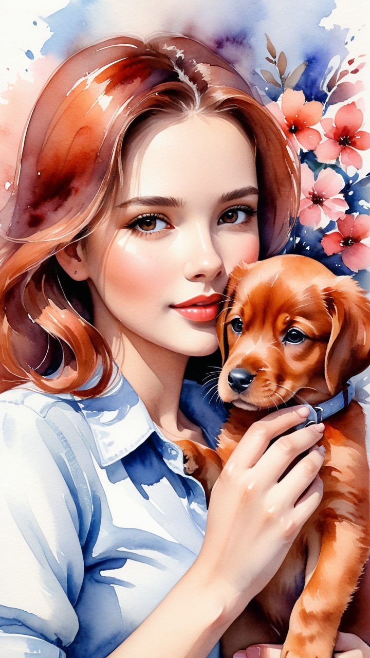 Young woman with golden retriever puppy in floral setting