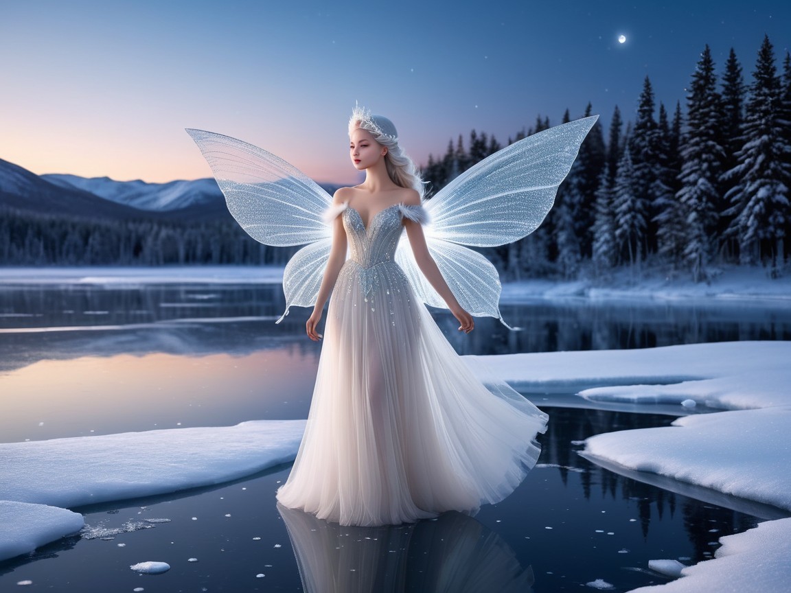 Serene Winter Scene with Fairy by Sparkling Lake