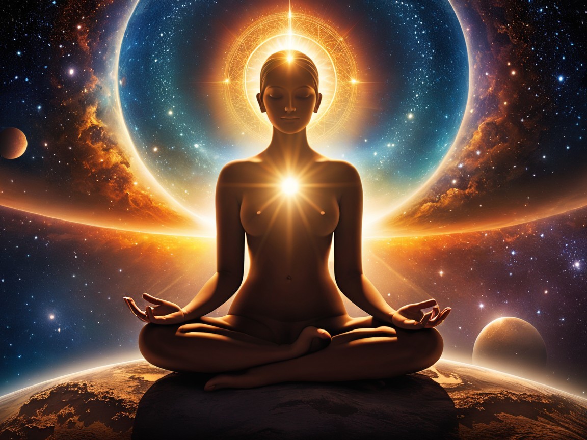 Meditative Figure Surrounded by Cosmic Elements