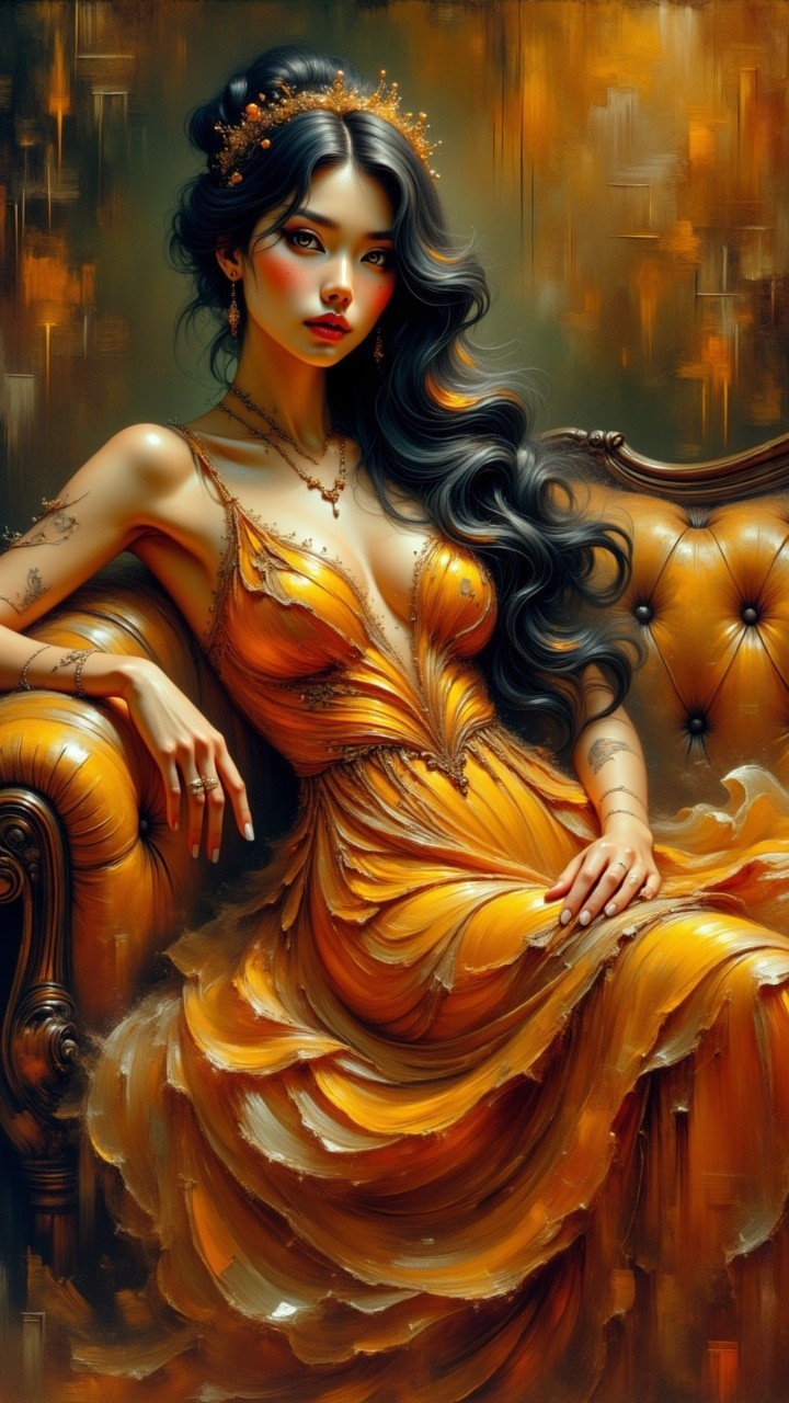 Elegant Woman in Vibrant Orange Gown on Sofa
