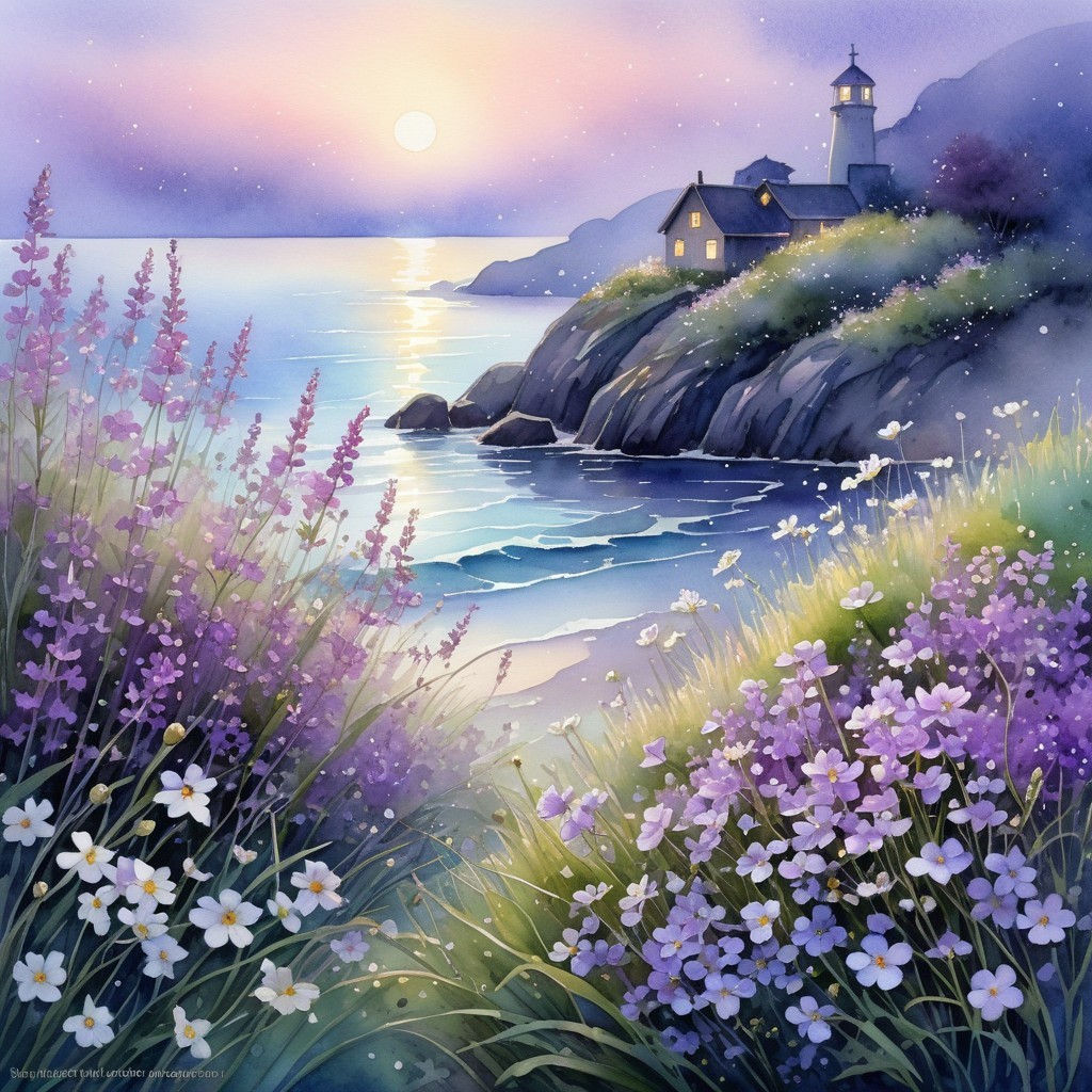 Twilight Coastal Scene with Lighthouse and Flowers