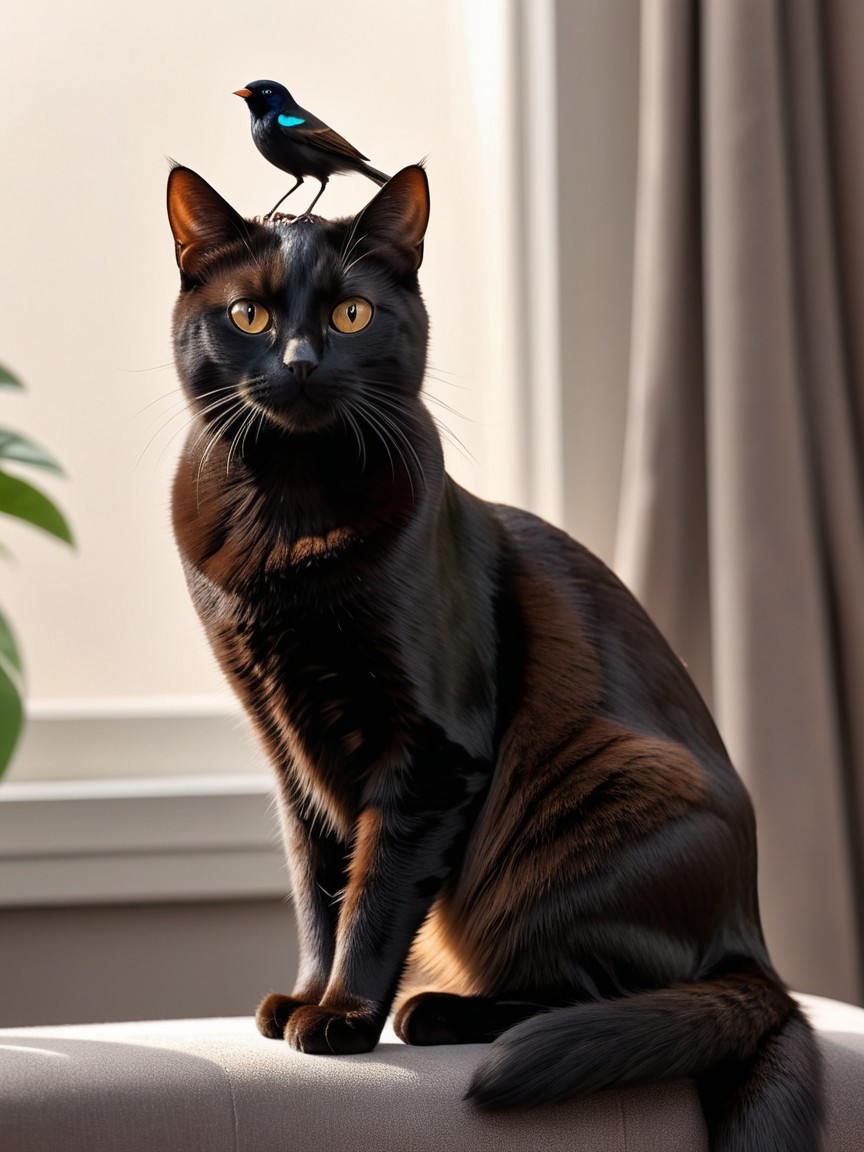 Black Cat with Bird on Soft Surface in Calm Setting