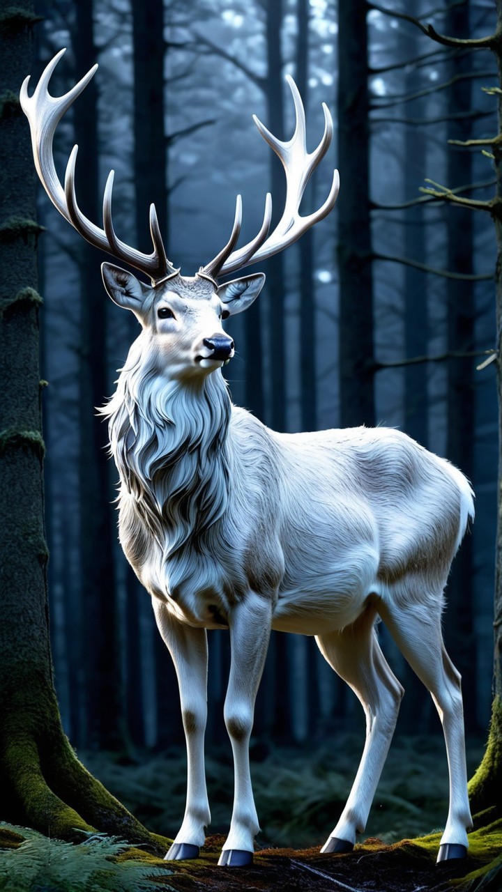 Majestic white stag in misty forest setting