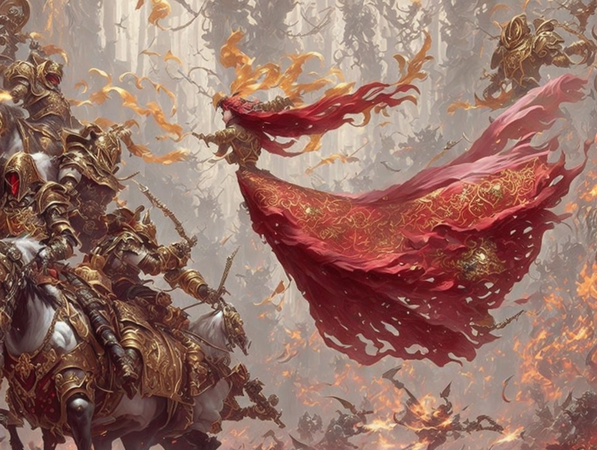 Fierce warrior in red gown amidst knights and flames